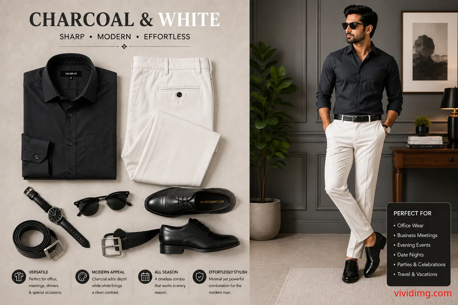 Charcoal Shirt with White Pants – Modern Men's Shirt and Pant Combination