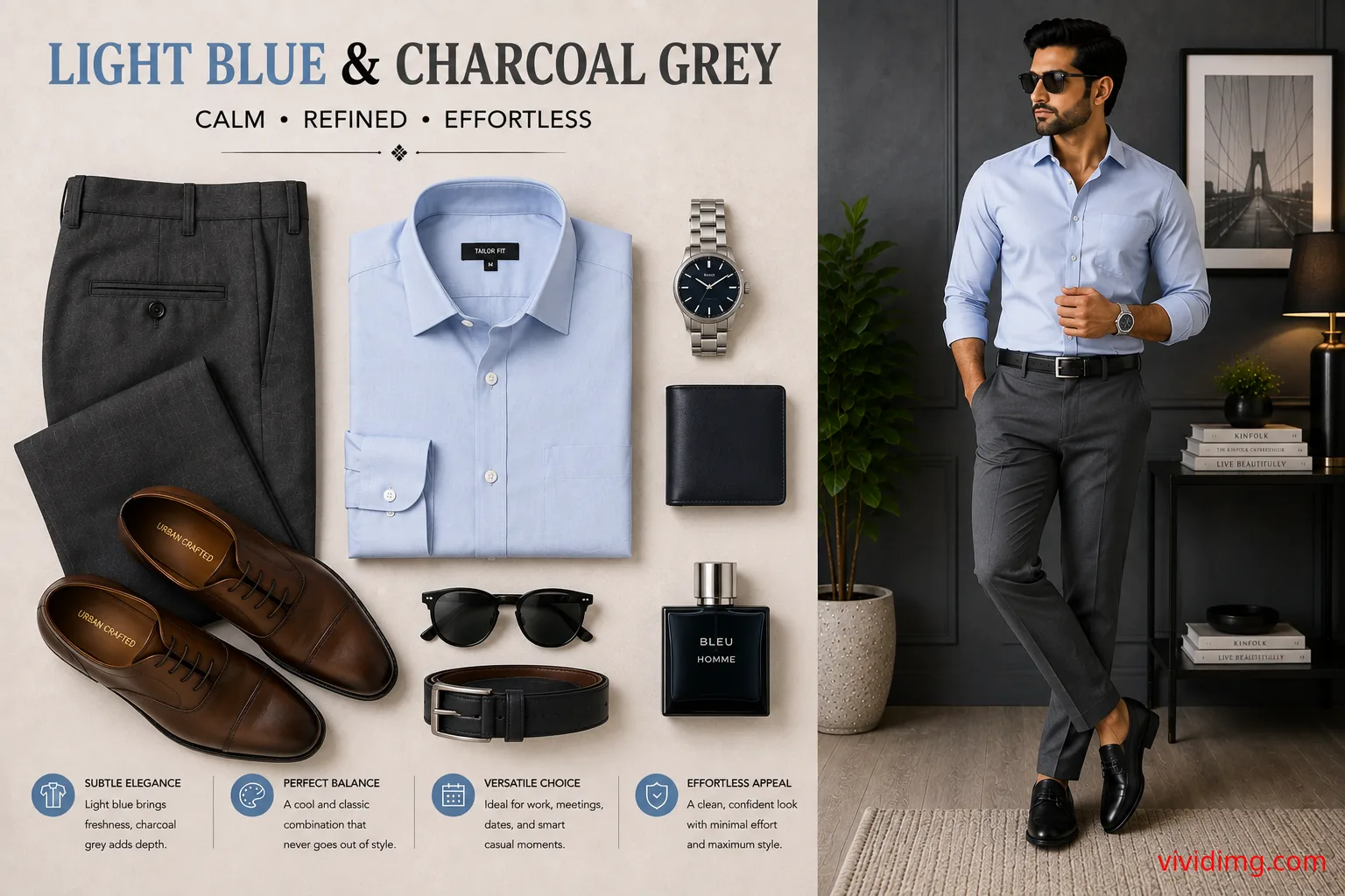 Light Blue Shirt with Charcoal Grey Pants – Refined Men's Outfit Combination