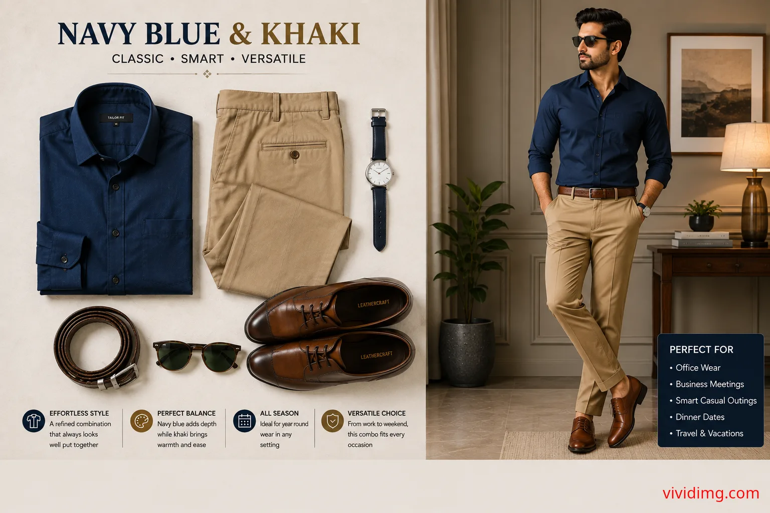 Navy Blue Shirt with Khaki Pants – Classic Men's Smart Casual Outfit
