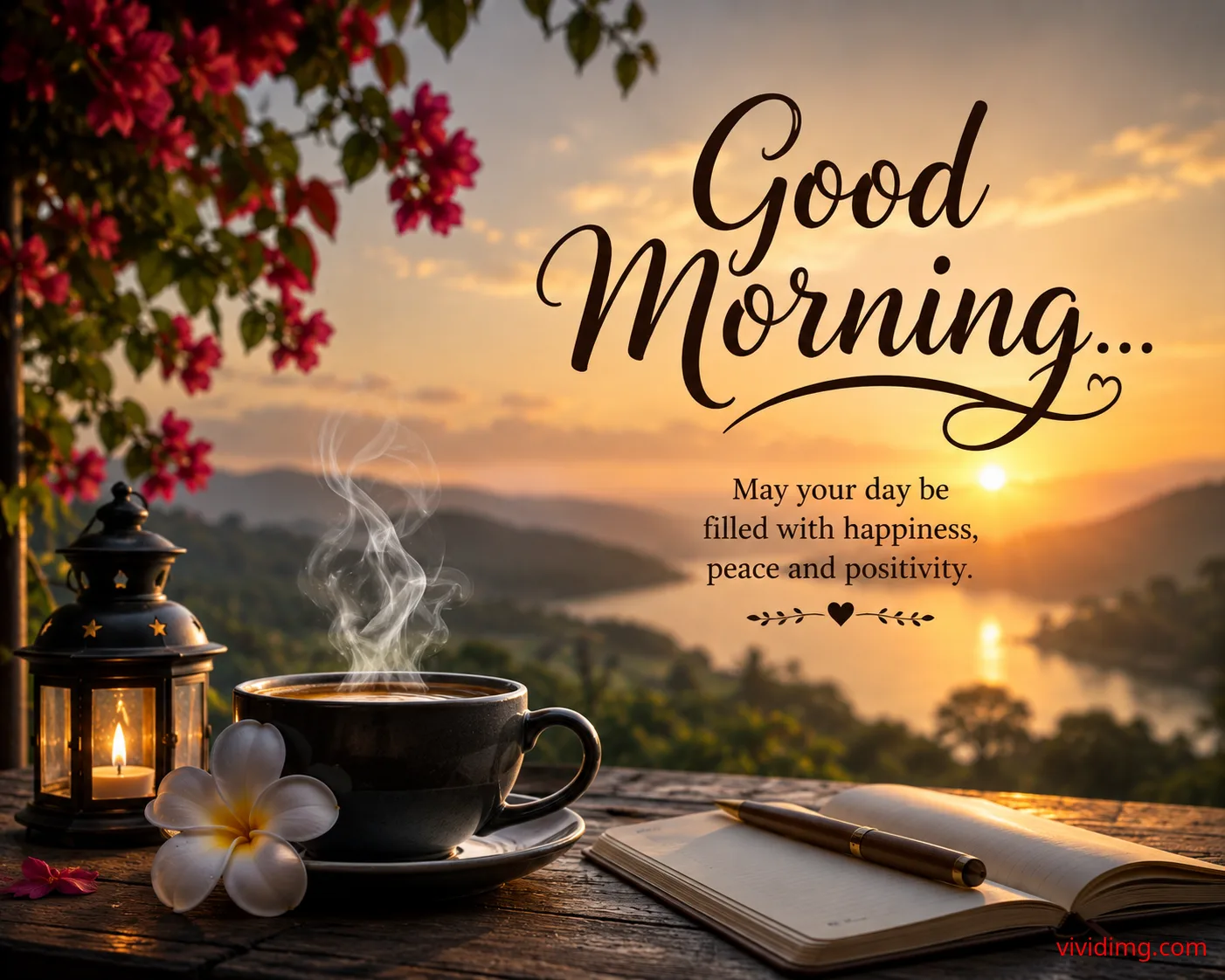 Beautiful Good Morning Sunrise with Coffee and Positive Wishes