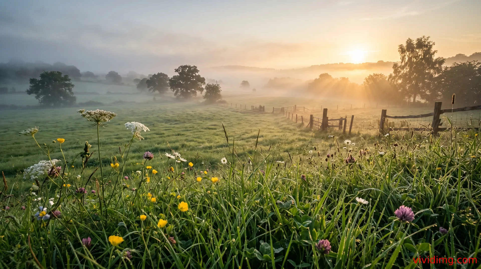 Serene countryside meadow with foggy morning sunlight in breathtaking 8K wallpaper