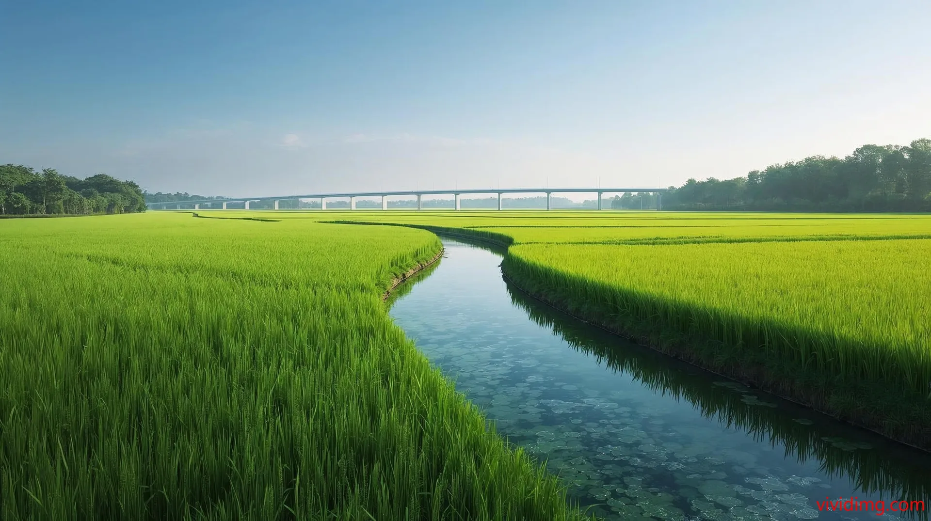 Serene paddy field bridge view HD Image – Nature Landscape