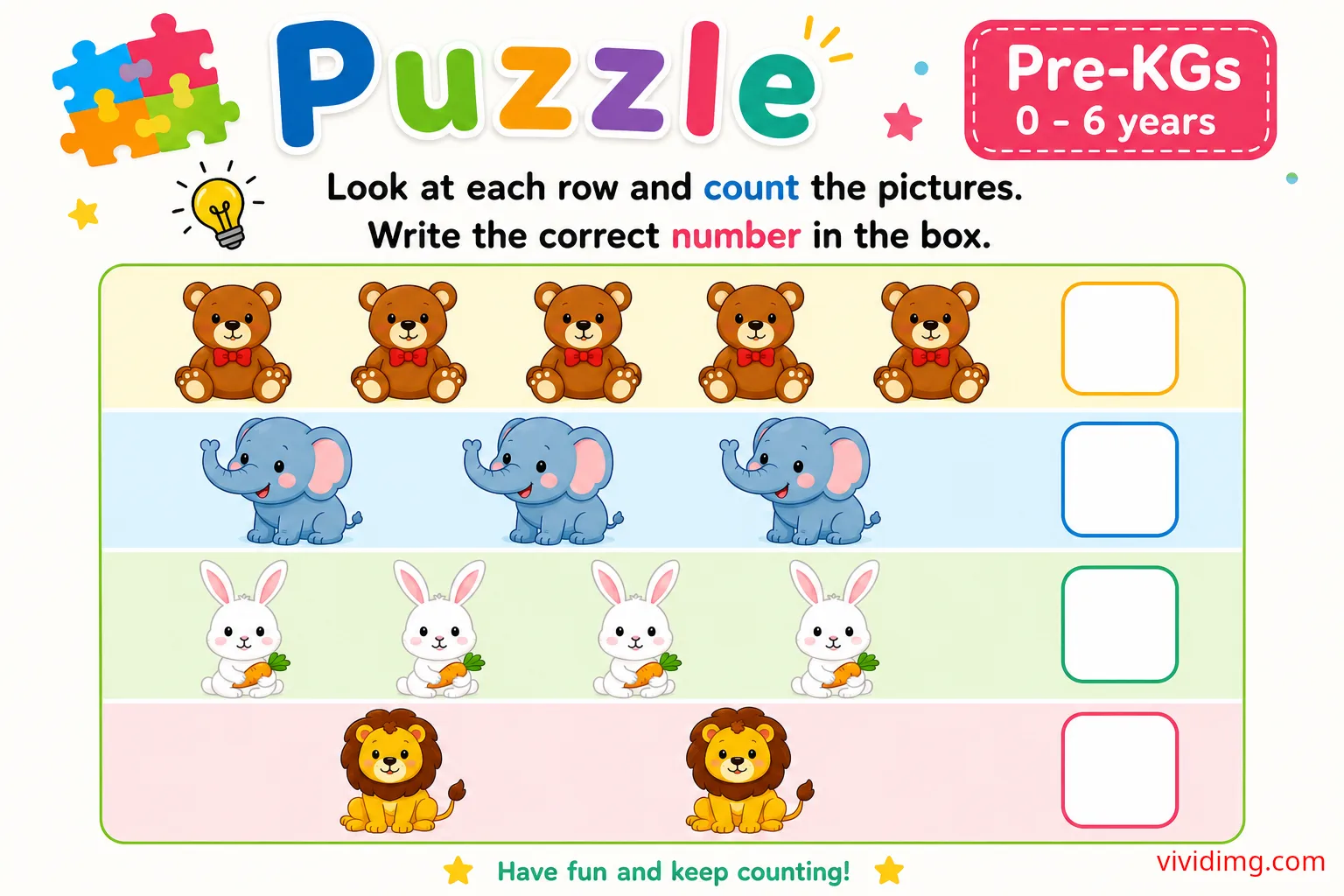 Pre-KGs counting puzzle worksheet for kids | fun number learning activity (0–6 years)