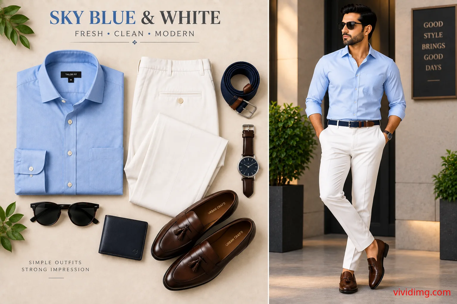 Sky Blue Shirt with White Pants – Fresh Men's Smart Casual Outfit