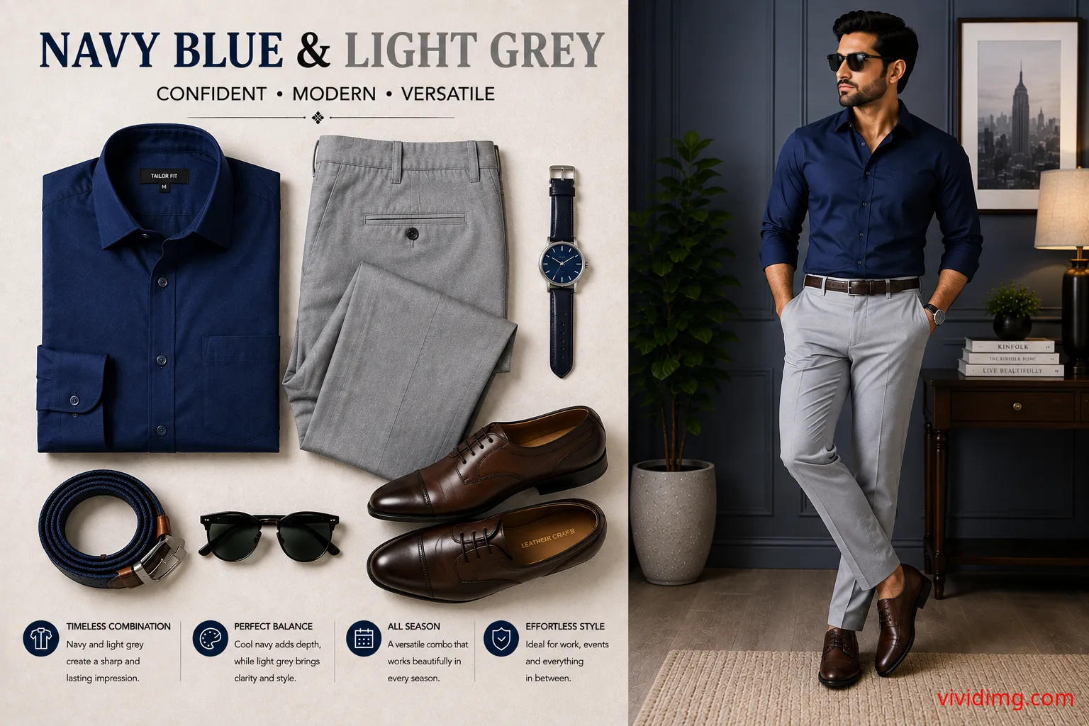 Navy Blue Shirt with Light Grey Pants – Modern Men's Outfit Combination
