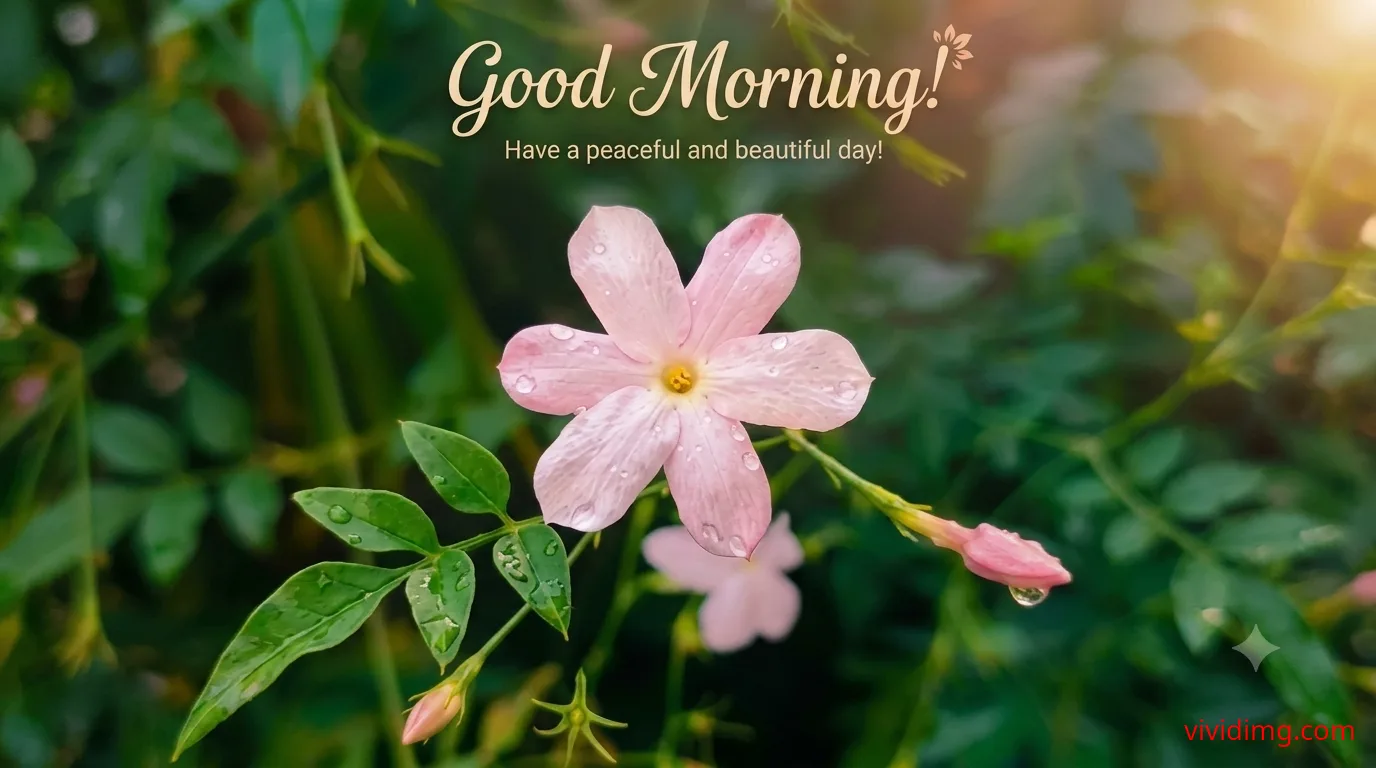 Good morning pink star jasmine flower with water droplets for a peaceful day