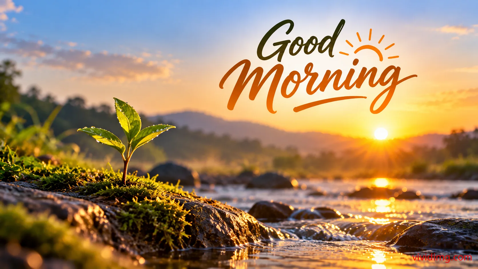 Good morning wishes with a tiny plant by a peaceful water stream