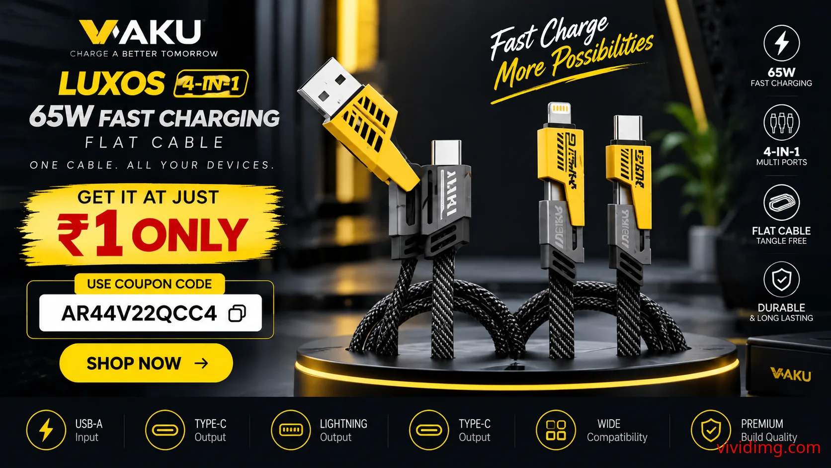 Vaku Luxos 4-in-1 65W fast charging cable for just ₹1