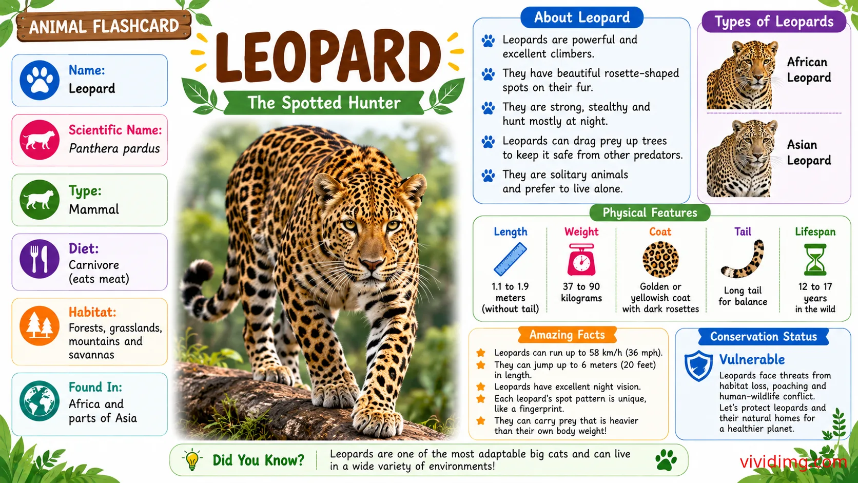 Leopard facts for kids - Animal flashcard