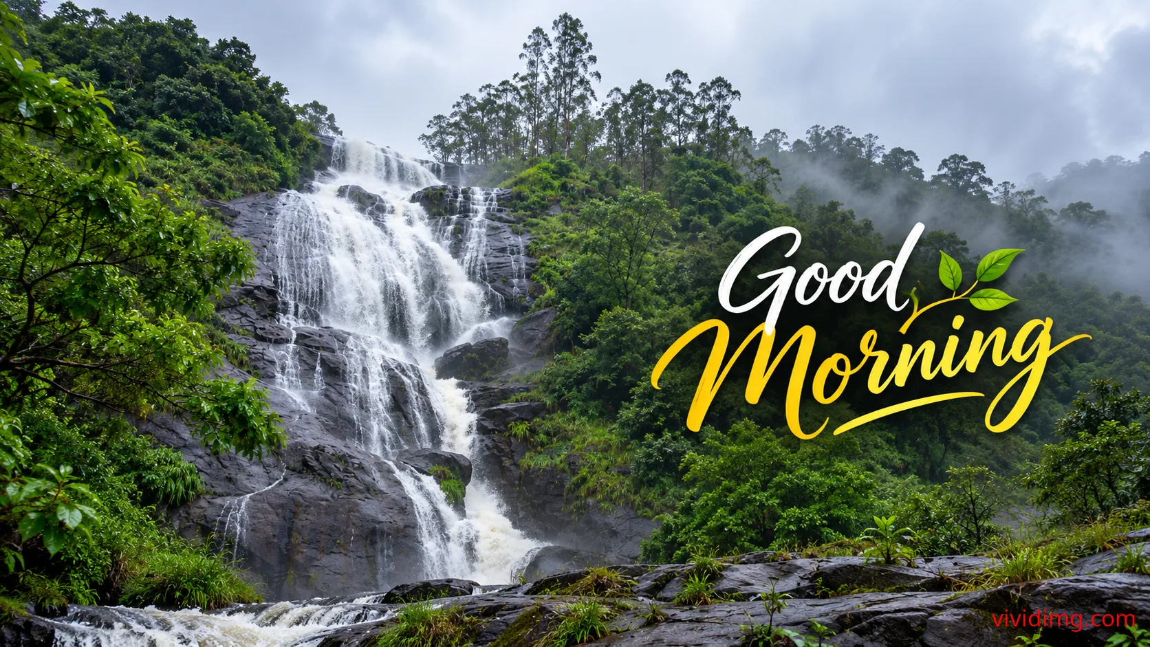 Beautiful waterfall good morning wishes with peaceful nature scenery