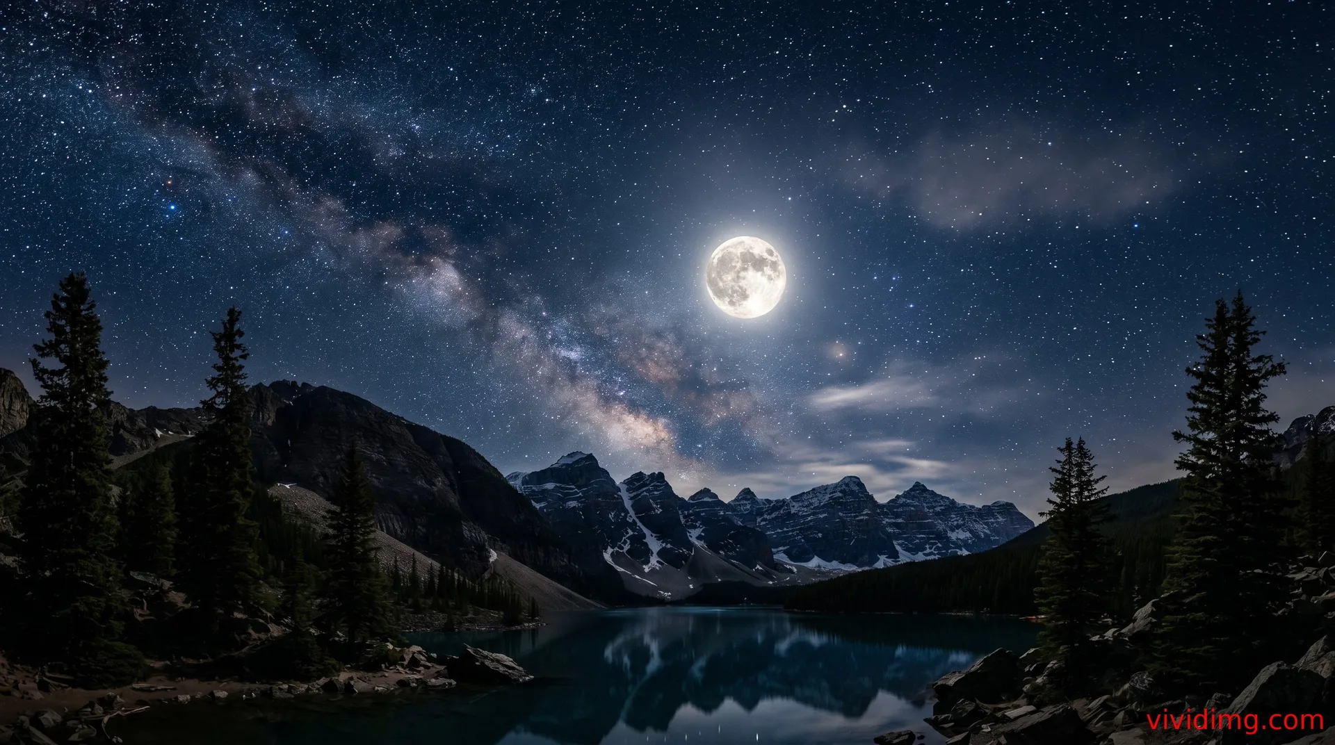 Moonlit starry sky with glowing full moon night