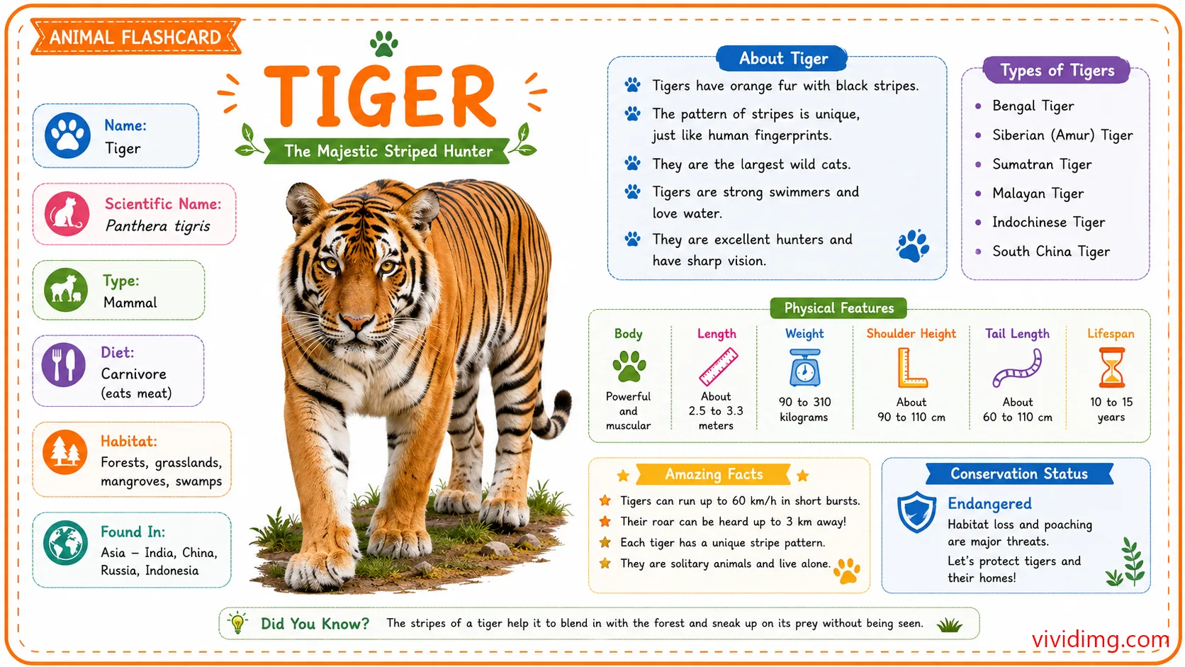 Tiger facts for kids - Animal flashcard