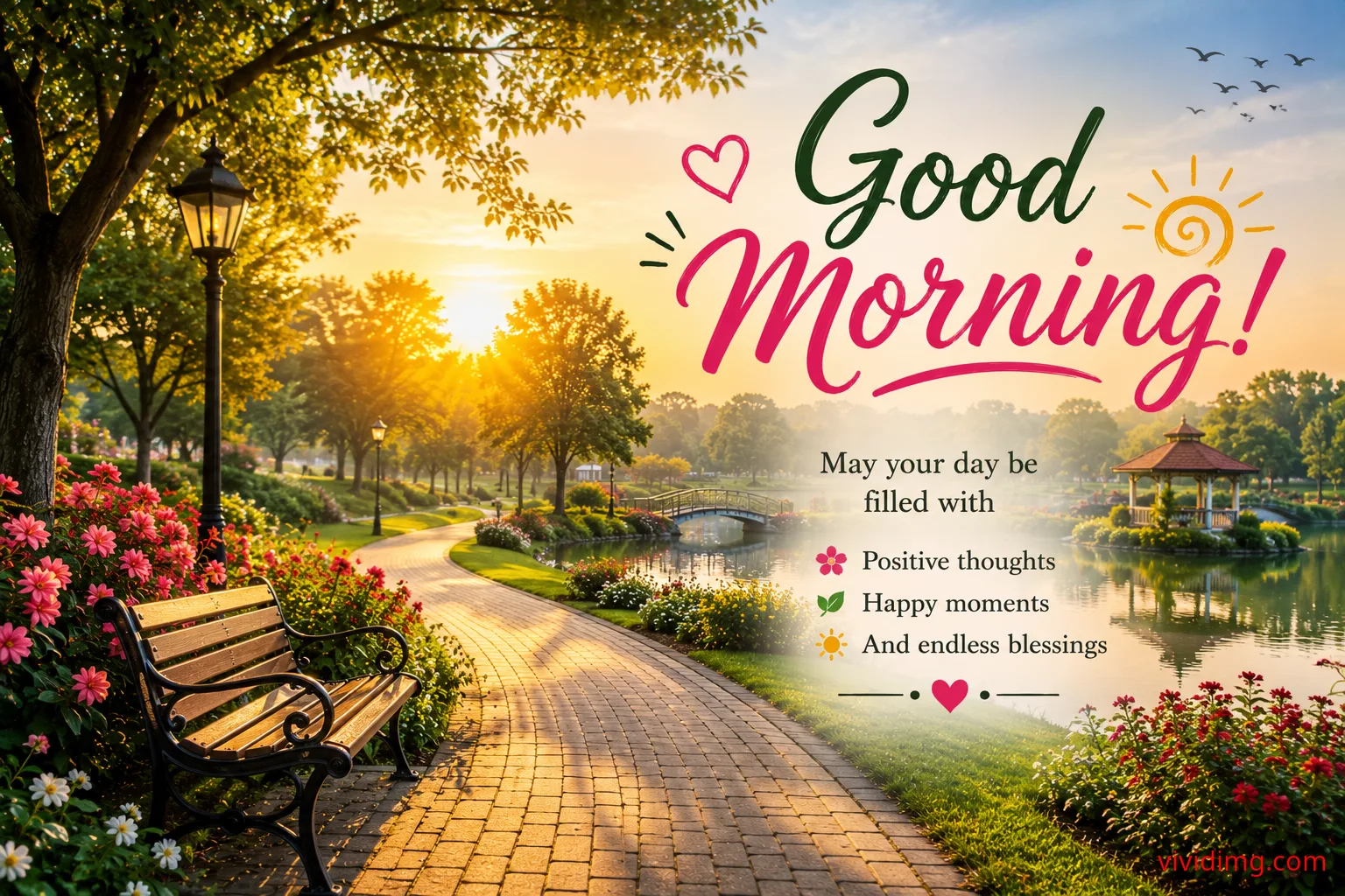 Peaceful park good morning wishes with positive thoughts and blessings