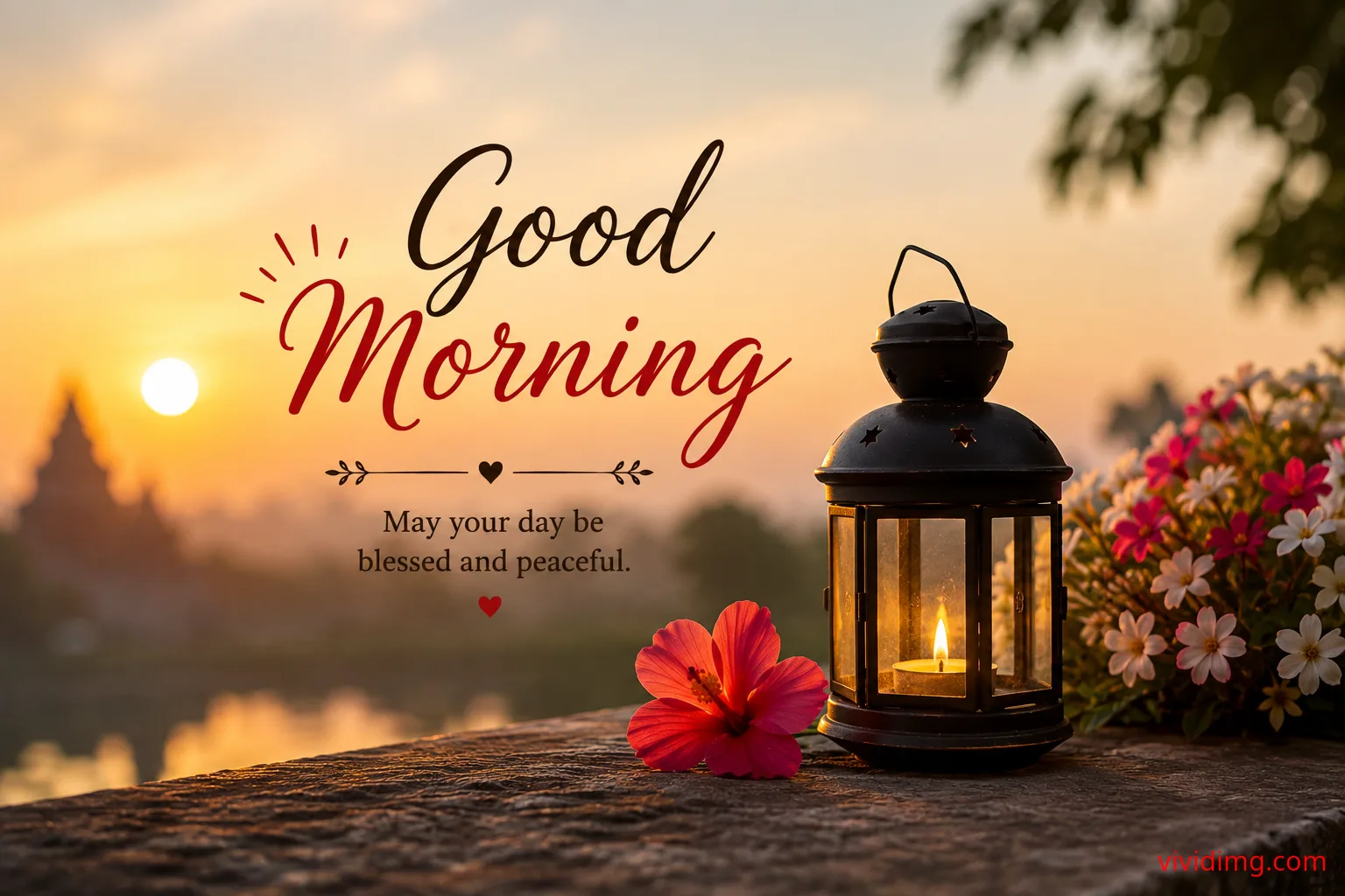 Peaceful Good Morning Blessings with Sunrise and Lantern