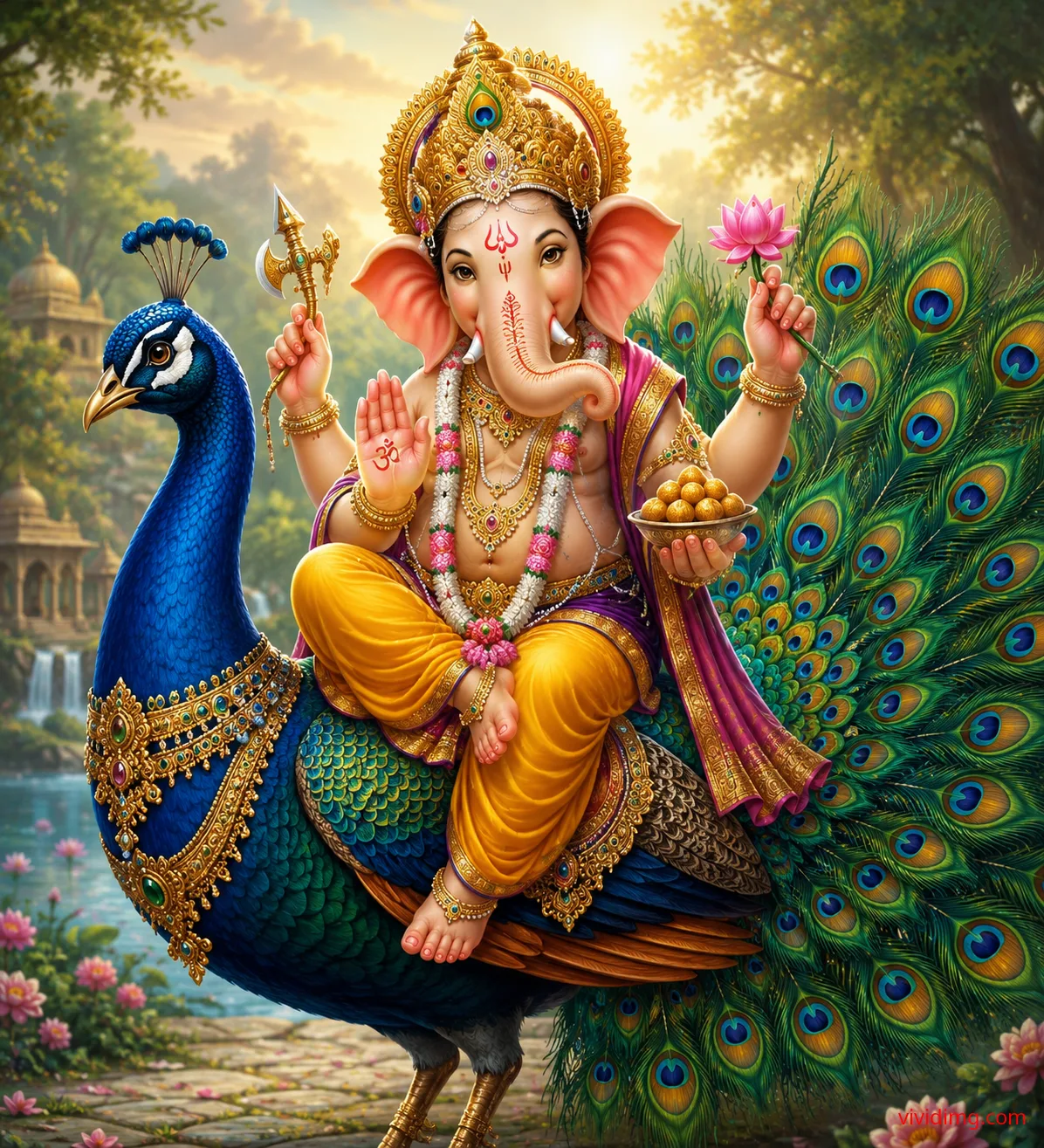 Lord Ganesha seated on a majestic peacock