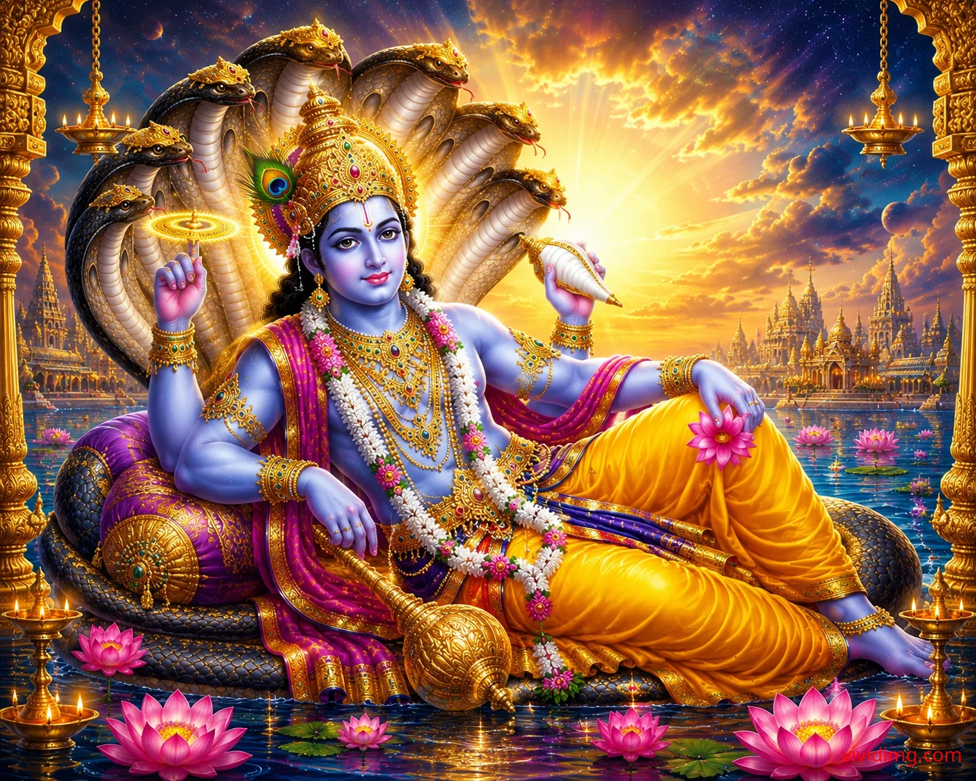 Lord Narayana reclining on Adishesha in divine splendor