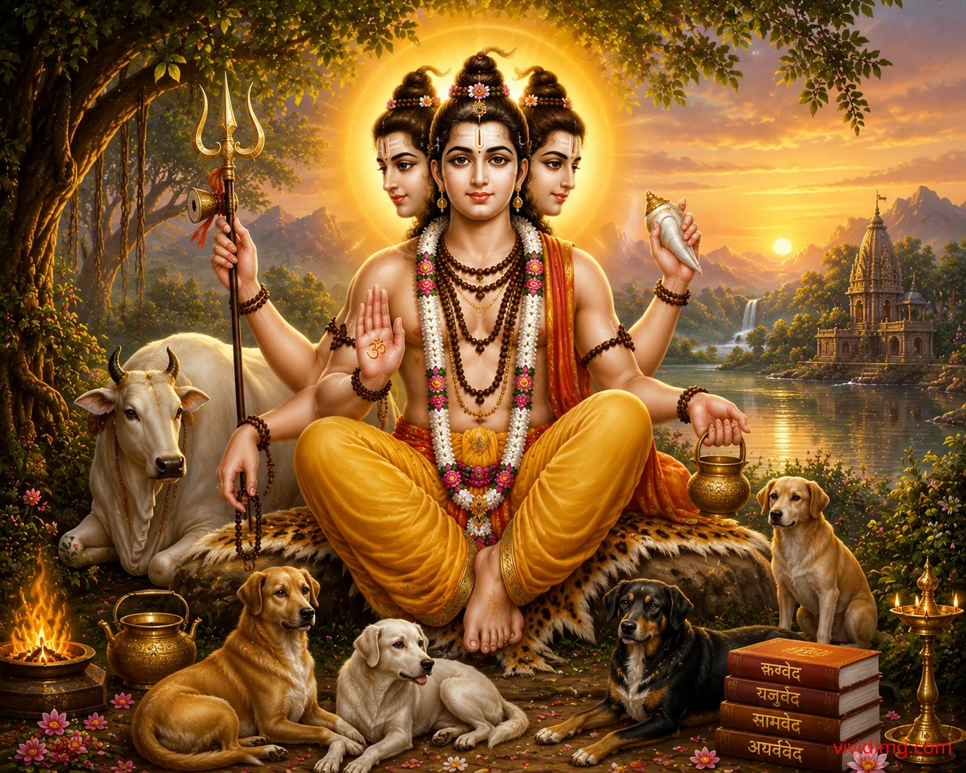 Lord Dattatreya with sacred cow in divine nature