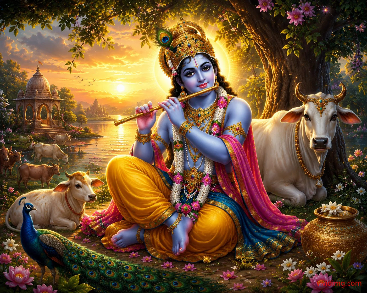 Lord Krishna playing the divine flute amidst Vrindavan