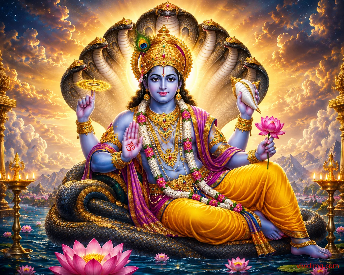 Lord Vishnu resting on Adishesha with divine blessings