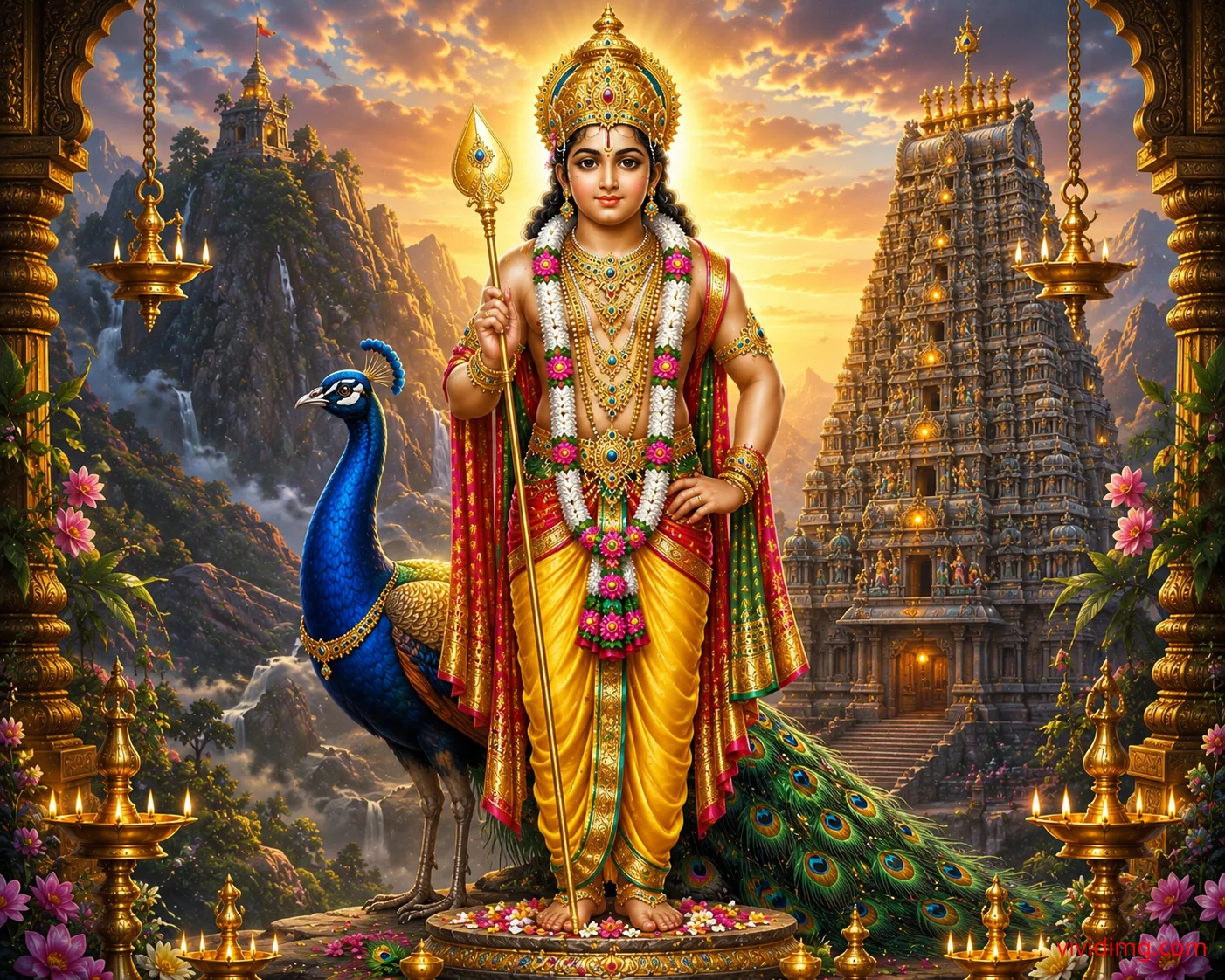 Lord Subrahmanya with divine Vel and majestic peacock
