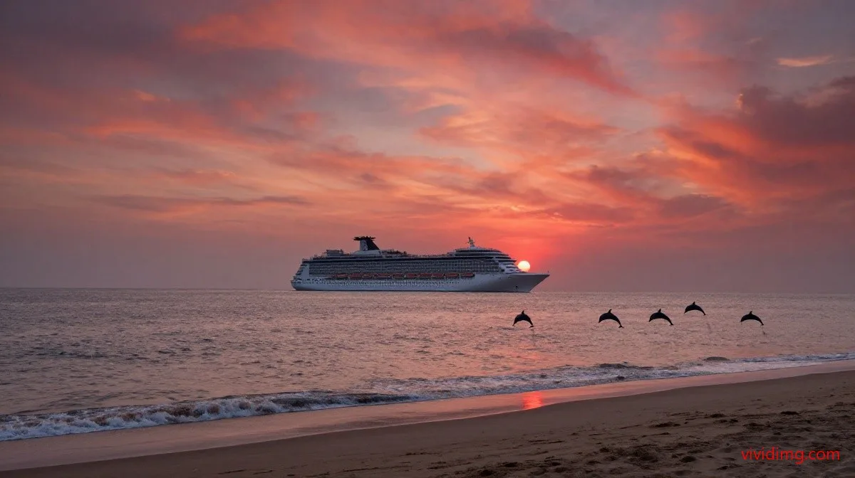 Crimson sunset sea with dolphins and cruise serenity HD image