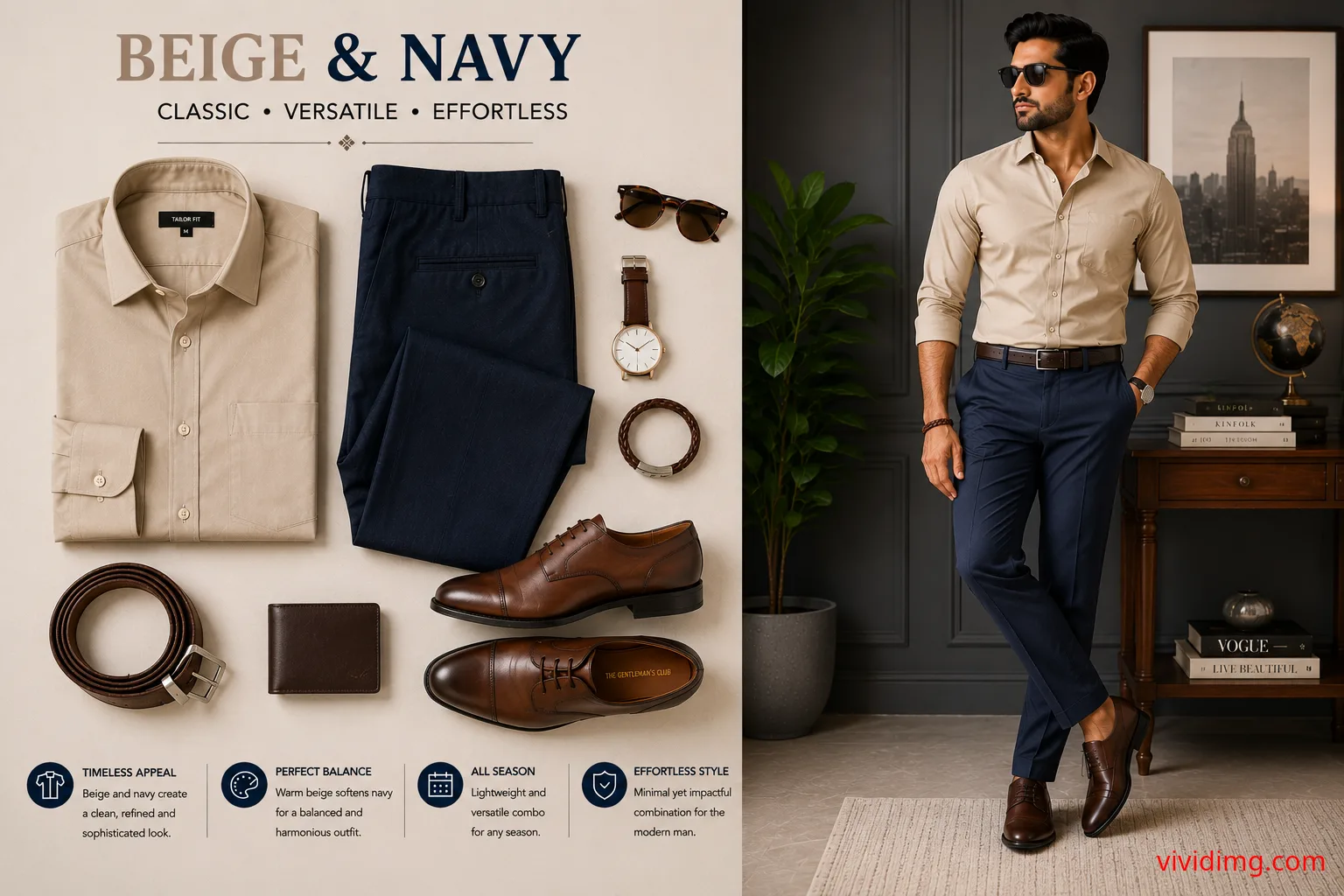 Beige Shirt with Navy Blue Pants – Classic Men's Smart Casual Outfit