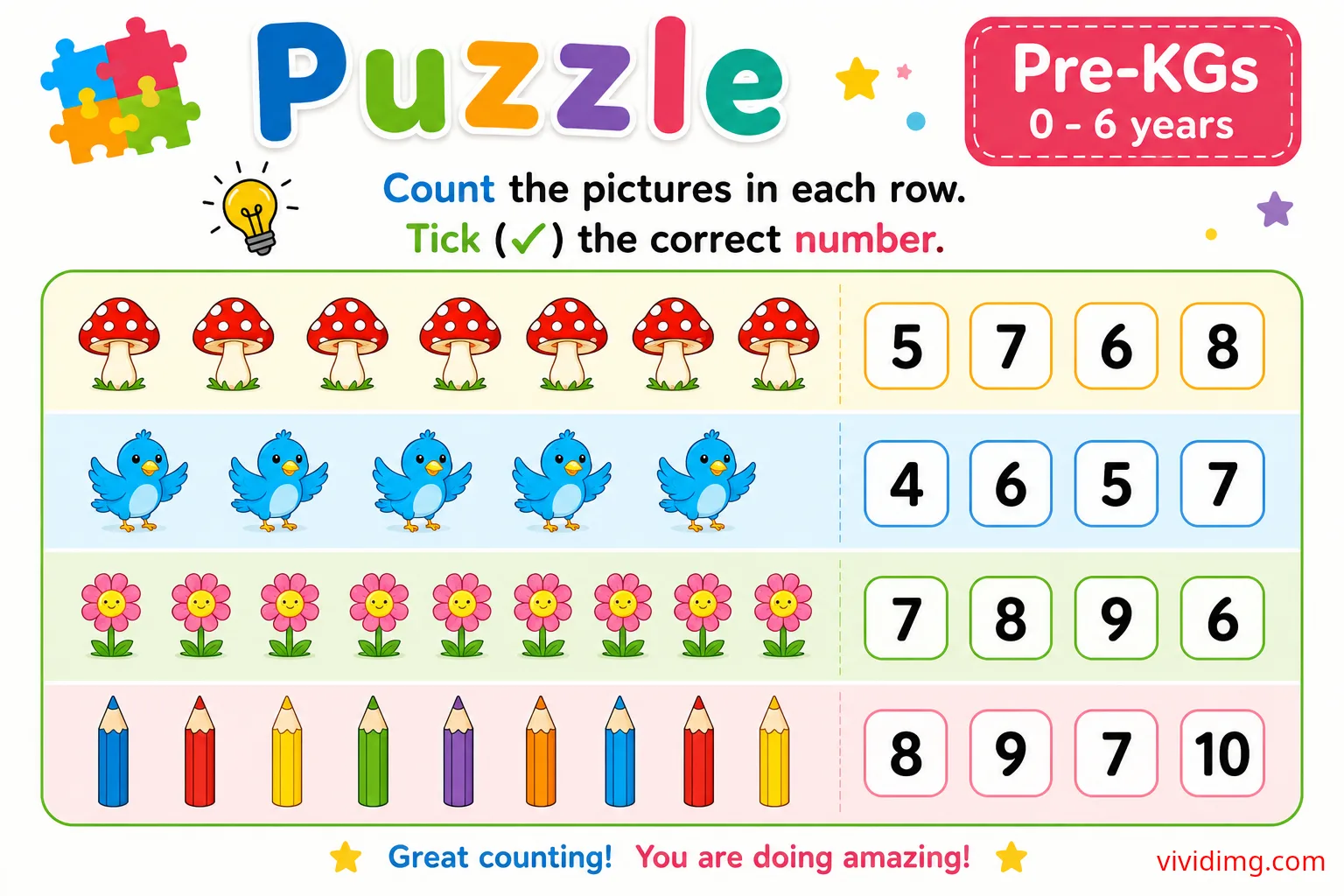 Pre-KGs picture counting and tick puzzle worksheet for preschool kids (0–6 years)